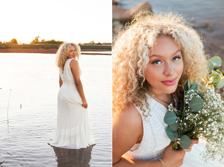 vertical portrait of a high school senior girl in a white flowy dress standing in the water looking over her shoulder and a close up portrait of her holding a bouquet of flowers on the shore of Lake Hefner in Oklahoma City