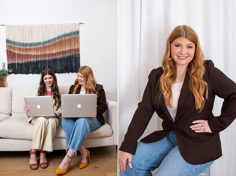 one image of a design team sitting on a couch together with open laptops, working on a project. other image is a lifestyle headshot of one of them sitting and smiling at a graphic design team branding session in OKC