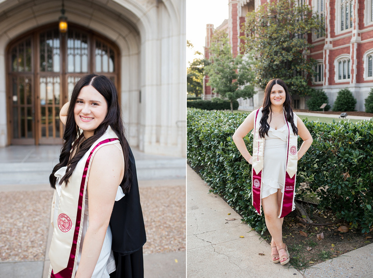 two images of a college senior girl wearing white dress and stole, one with gown over her shoulder, one standing by a hedge with arms on hips on the OU campus in Norman with Bizzell Library behind her