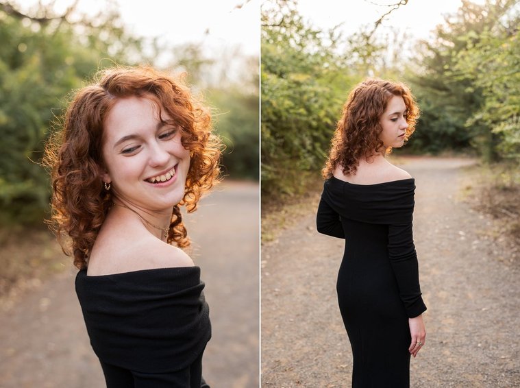 two photos of a senior girl with red hair wearing an elegant long black dress. She poses looking over her shoulder and smiling on a path with fall trees around her at Sutton Park in Norman, Oklahoma