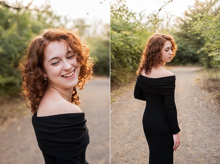 two photos of a senior girl with red hair wearing an elegant long black dress. She poses looking over her shoulder and smiling on a path with fall trees around her at Sutton Park in Norman, Oklahoma