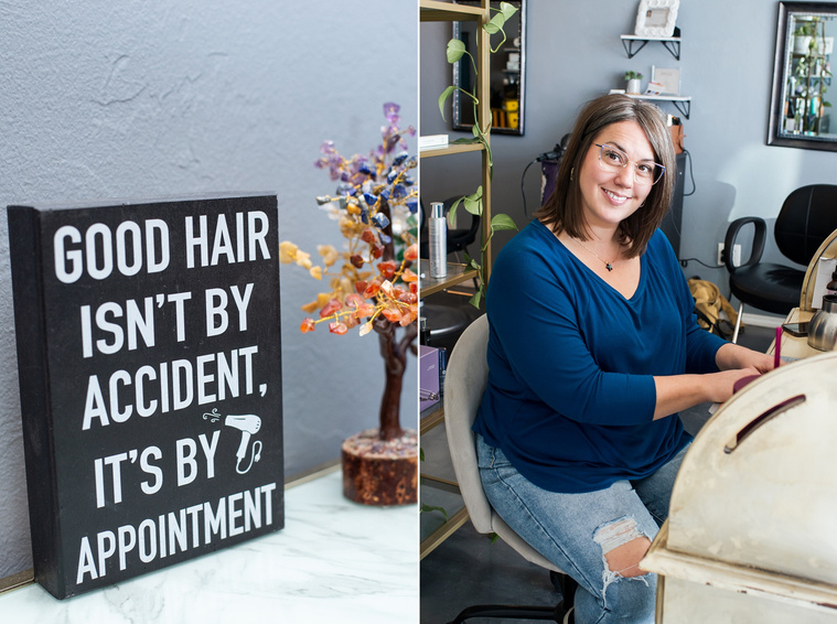 one image of a sign with a hair salon pun and another image a receptionist sitting at her desk working and smiling in a blue shirt at a branding session at Vibe Beauty Bar in Tuttle, Oklahoma