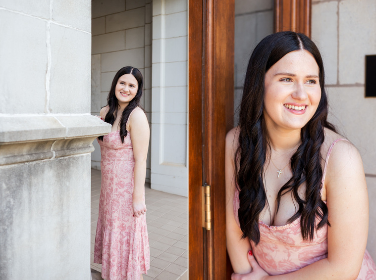 two images of a college senior girl wearing a light pink floral sundress smiling around a column on the Chemistry building and in front of the main door to Evans Hall on OU campus in Norman