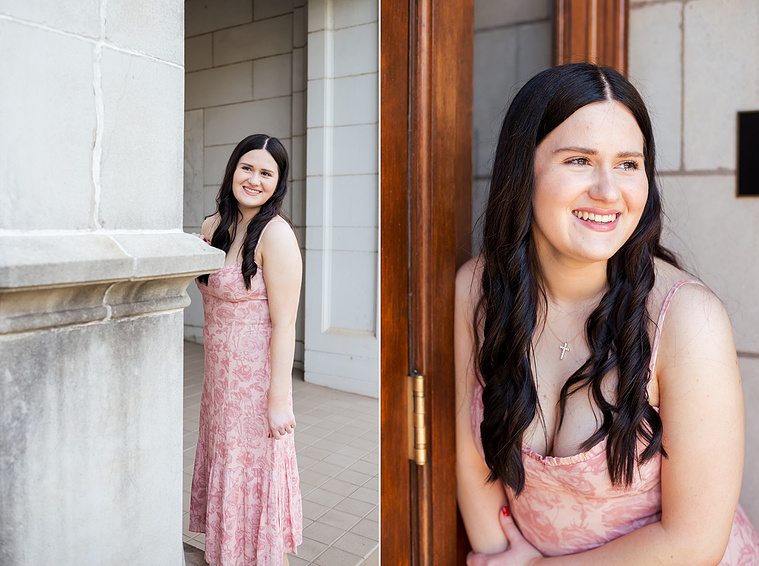 two images of a college senior girl wearing a light pink floral sundress smiling around a column on the Chemistry building and in front of the main door to Evans Hall on OU campus in Norman