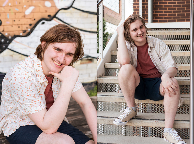 two photos of a senior boy wearing a button down shirt and blue shorts sitting in front of a colorful wall mural and sitting on steps in midtown Oklahoma City