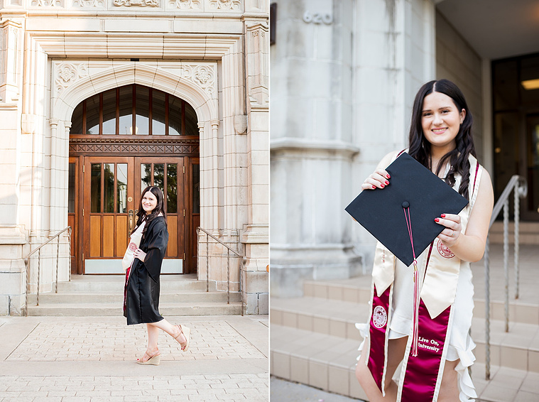 two images of a college senior girl wearing her black gown and graduation stole standing in front of Evans Hall and the Chemistry building, holding her cap, on the Parrington Oval on OU campus in Norman
