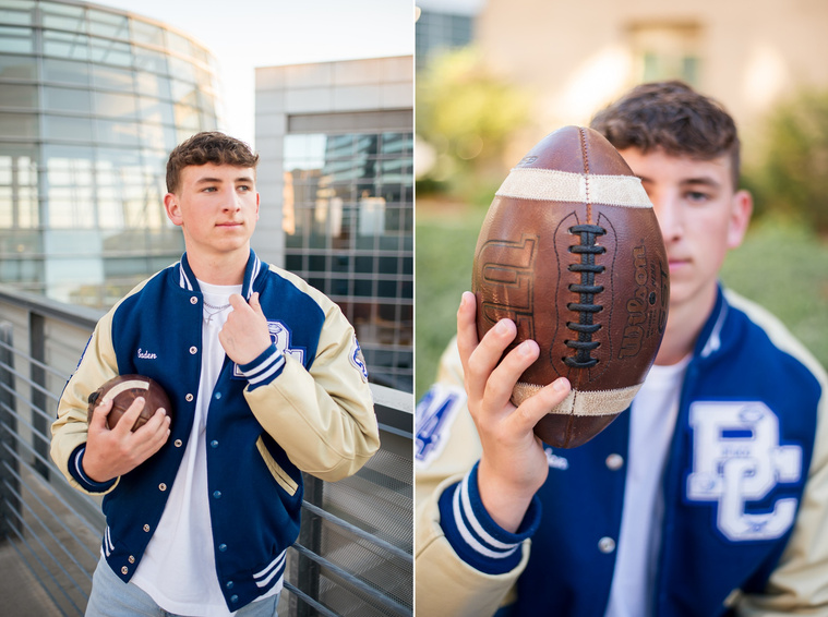 two senior boy portraits wearing a letterman jacket and holding a football taken in downtown Oklahoma City 