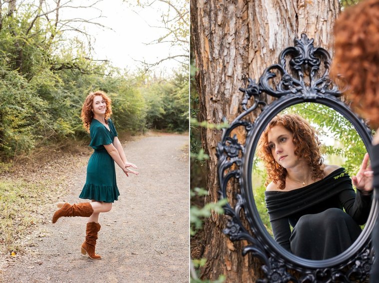 two photos of a senior girl with red hair. One she kicks her leg back smiling, the other is her reflection from a black decorative mirror leaned against a tree at Sutton Park in Norman, Oklahoma