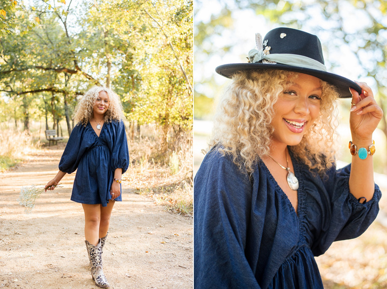 portrait of a high school senior girl with blonde curly hair wearing a blue dress and cowboy boots walking on the path and smiling at Martin Nature Park in Oklahoma City and a closer shot of her wearing a black western hat holding the tip and smiling