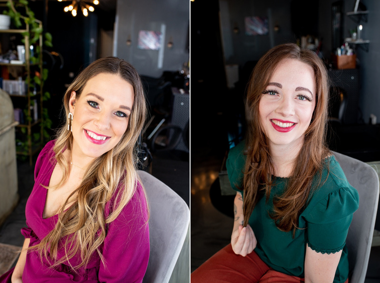 two images of headshots of an esthetician in a purple top and a yoga instructor in a green top inside a salon at a branding session at Vibe Beauty Bar in Tuttle, Oklahoma
