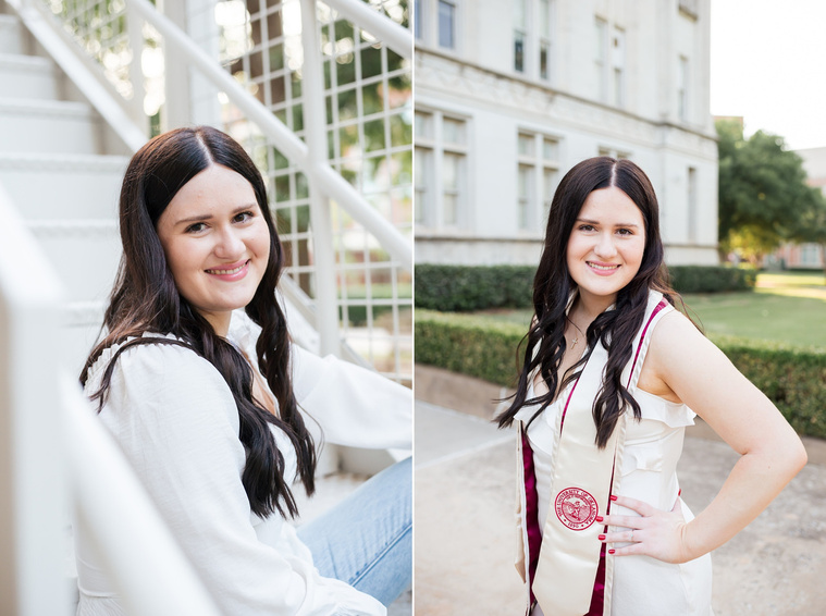 two images of a college senior girl wearing white and graduation stole taken around the Chemistry building in the Parrington Oval on the OU campus in Norman