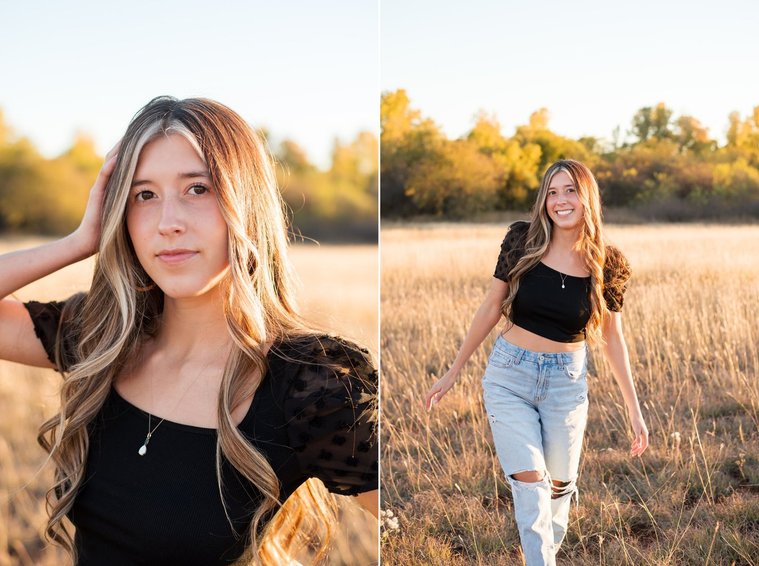 two images of a senior girl with long brown hair wearing a black top and jeans. She poses with one hand in hair and the other walking in tall grass with trees behind her, smiling in a country field in the fall near Oklahoma City
