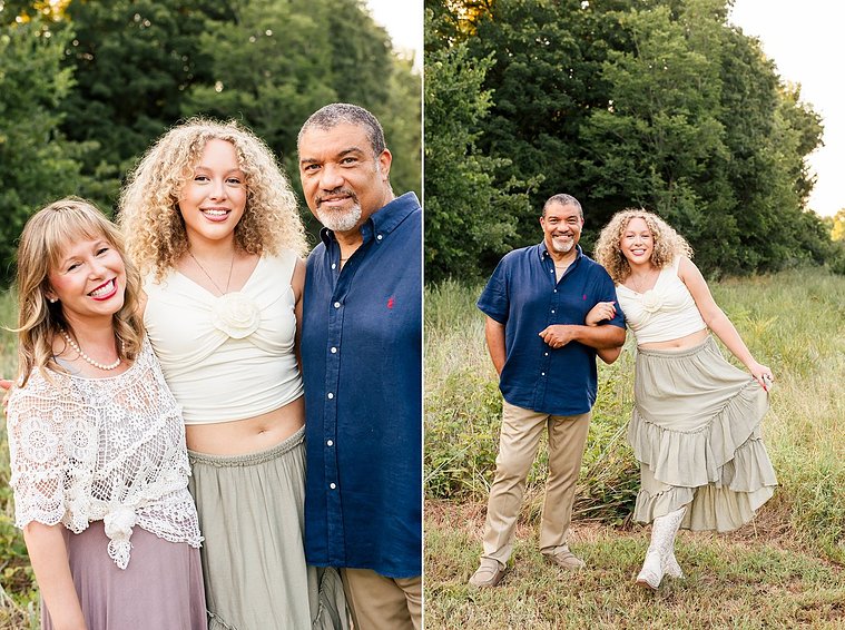 one image of a mom, dad, and teen daughter standing together hugging and another image of the dad and daughter standing together and smiling in a field with trees behind them in Norman, Oklahoma