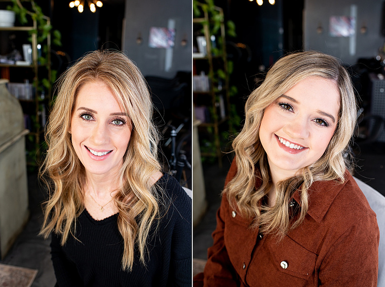 two side by side headshot images of hair stylists inside a salon at a branding session at Vibe Beauty Bar in Tuttle, Oklahoma