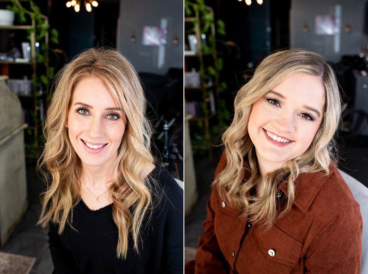two side by side headshot images of hair stylists inside a salon at a branding session at Vibe Beauty Bar in Tuttle, Oklahoma
