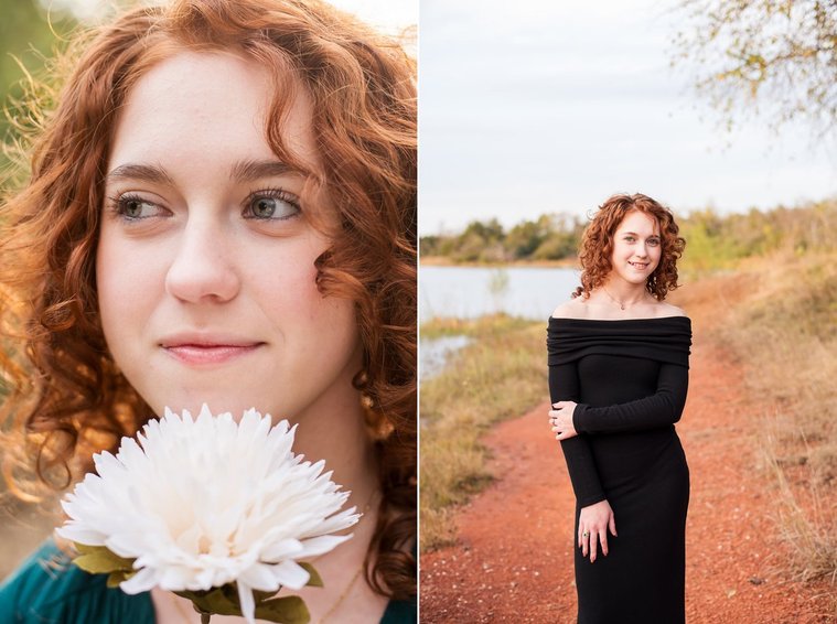 two photos of a senior girl with red hair. One close up with a flower near her face looking off, the other in a black dress standing by the pond at Sutton Park in Norman, Oklahoma