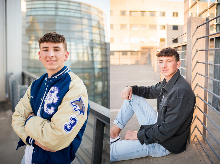 two senior boy portraits taken on a parking garage rooftop in downtown OKC. 