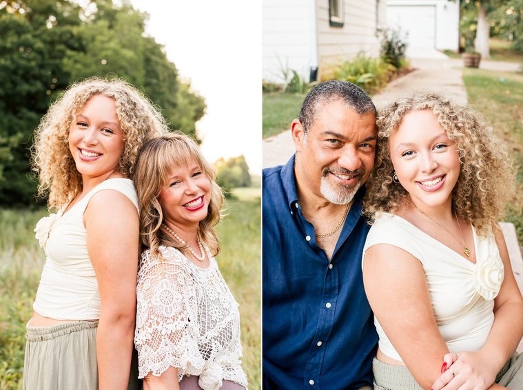 one image of a mom and teen daughter standing back to back smiling in a field and another image of the same daughter sitting with her dad on their front sidewalk smiling in Norman, Oklahoma