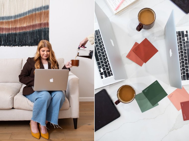 two branding images. one of a girl working at her laptop holding out her coffee cup while her business partner's hand is pouring fresh coffee into it from a french press, another flat lay of color swatches and laptops 