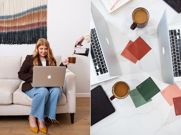 two branding images. one of a girl working at her laptop holding out her coffee cup while her business partner's hand is pouring fresh coffee into it from a french press, another flat lay of color swatches and laptops 