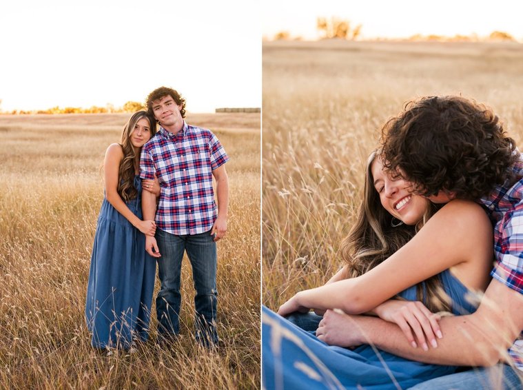 two images of a senior girl in a blue dress with her boyfriend stand together in a field in the country outside of Oklahoma City and cuddle together sitting in the field