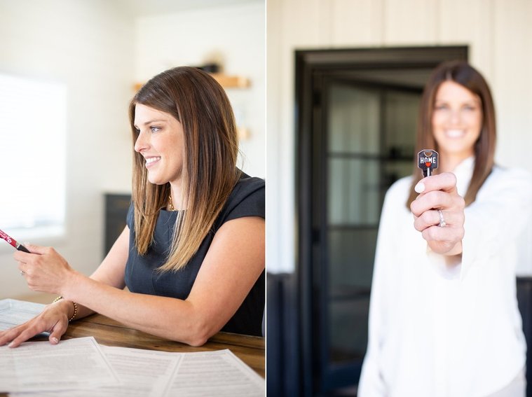 Brand photo shoot of realtor in OKC. She is at a desk with closing papers in front of her helping client. She stands in front of door holding house key out to camera. 