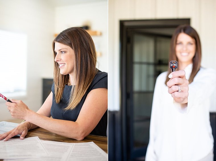 Brand photo shoot of realtor in OKC. She is at a desk with closing papers in front of her helping client. She stands in front of door holding house key out to camera. 