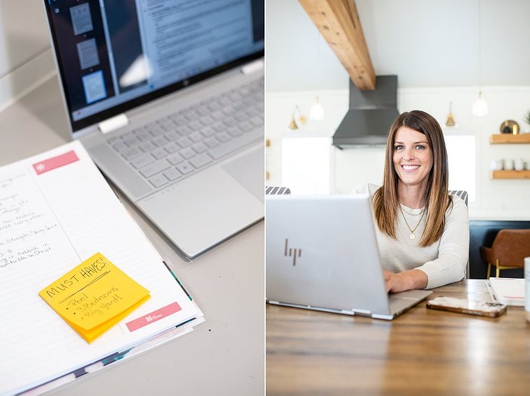 Brand photo shoot of realtor in OKC. Up close details of post-it note with client must haves. Photo of her working at kitchen table on a laptop.