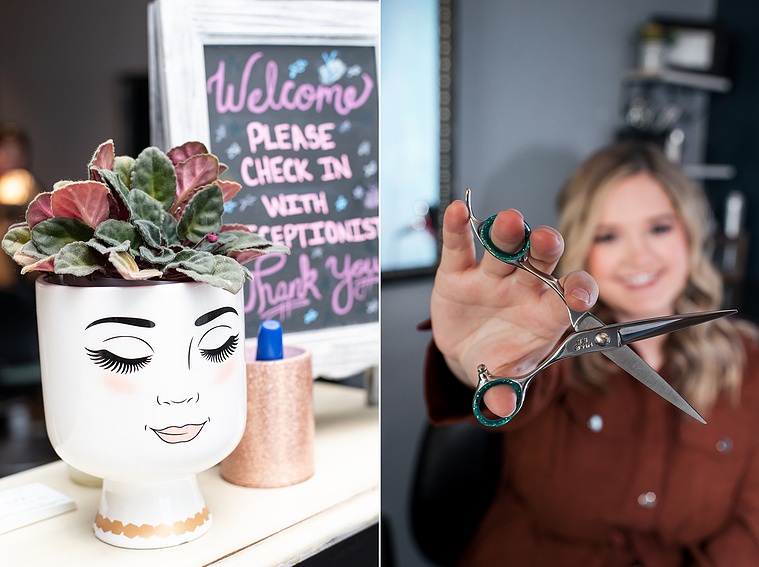 One photo of a flower pot and welcome sign at a reception desk, another photo of a hair stylist holding her scissors close to camera while her smiling face is out of focus at a branding session at Vibe Beauty Bar in Tuttle, Oklahoma