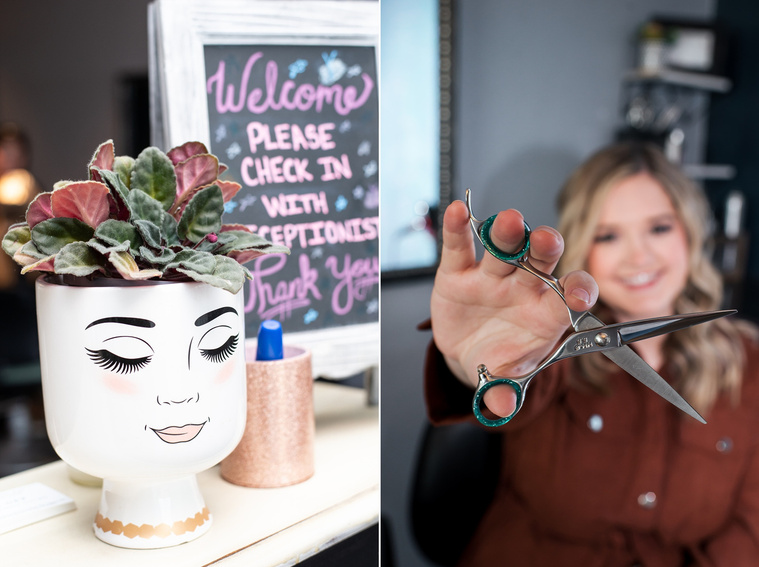 One photo of a flower pot and welcome sign at a reception desk, another photo of a hair stylist holding her scissors close to camera while her smiling face is out of focus at a branding session at Vibe Beauty Bar in Tuttle, Oklahoma