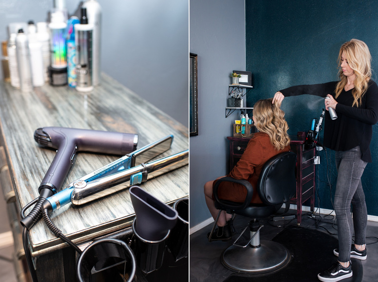 one image close up of a flat iron and blow dryer sitting on a stylist's table another image of a stylist spraying hair spray on a client in her chair at a branding session at Vibe Beauty Bar in Tuttle, Oklahoma