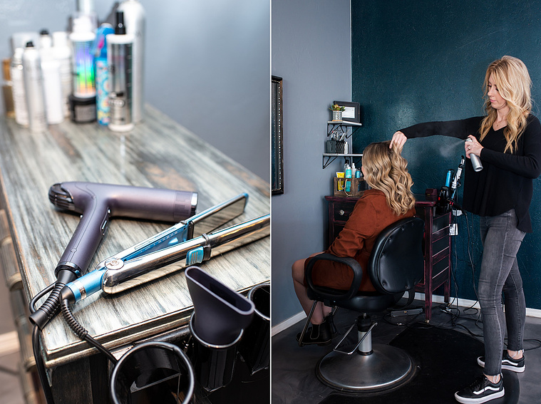 one image close up of a flat iron and blow dryer sitting on a stylist's table another image of a stylist spraying hair spray on a client in her chair at a branding session at Vibe Beauty Bar in Tuttle, Oklahoma