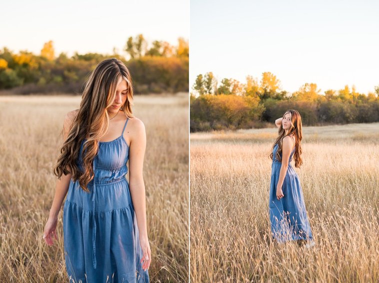 two images of a senior girl with long brown hair wearing a blue sundress standing and smiling over her shoulder in a country field in the fall with trees behind her near Oklahoma City