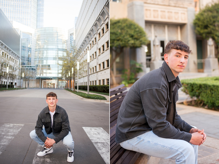 two senior boy portraits taken  on streets of downtown OKC.  One he squats in a crosswalk with the Devon tower behind him. The other he sits on a bench casually.