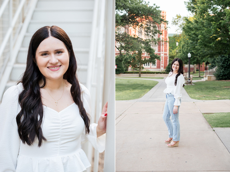 two images of a college senior girl with dark hair wearing a white blouse and jeans standing on a sidewalk and in front of white steps around the Chemistry building on the Parrington Oval on OU campus in Norman