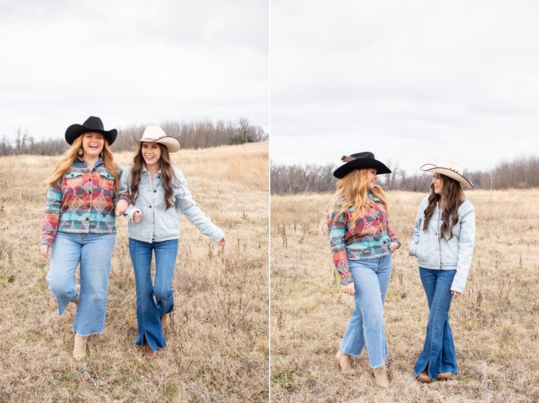 two lifestyle photos of a design team duo wearing western attire walking through an open field and laughing together at a graphic design team branding session in OKC