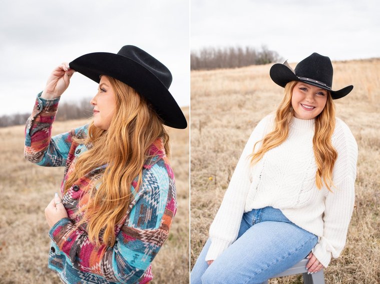 two casual lifestyle headshot images of young woman business owner wearing western attire and posing in an open field at a graphic design team branding session in OKC