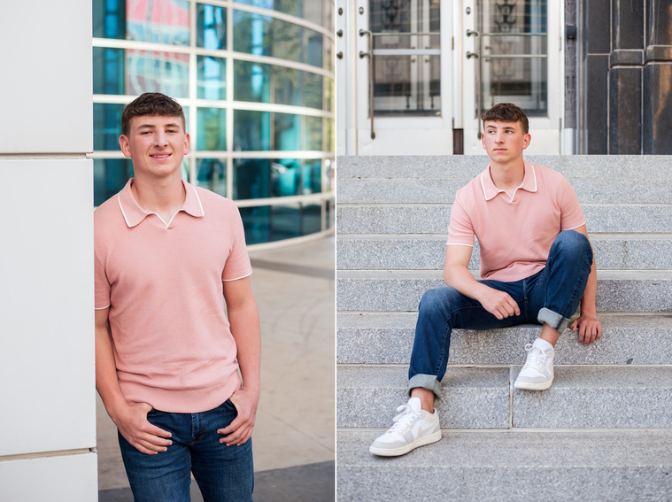 two senior boy portraits taken in downtown OKC. One he leans against a pillar and the other sits on steps casually