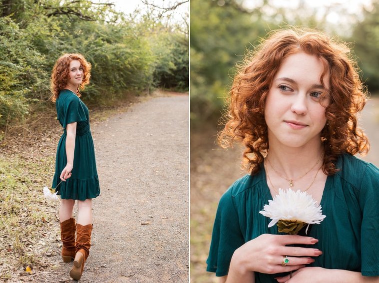 two photos of a senior girl with red hair wearing teal dress holding a white flower and smiling with fall trees behind her at Sutton Park in Norman, Oklahoma