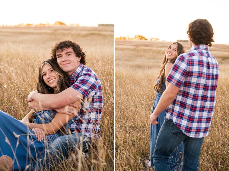 two photos of a senior girl in a blue dress with her boyfriend standing and sitting together in a field in the country outside of Oklahoma City hugging and walking