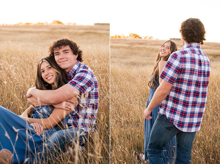 two photos of a senior girl in a blue dress with her boyfriend standing and sitting together in a field in the country outside of Oklahoma City hugging and walking