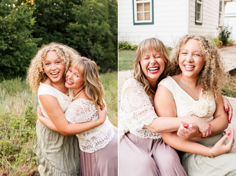 two images of a mom and her teen daughter. One they are standing and hugging and laughing in a field. The other they are sitting together on their front sidewalk and laughing with their house behind them in Norman, Oklahoma