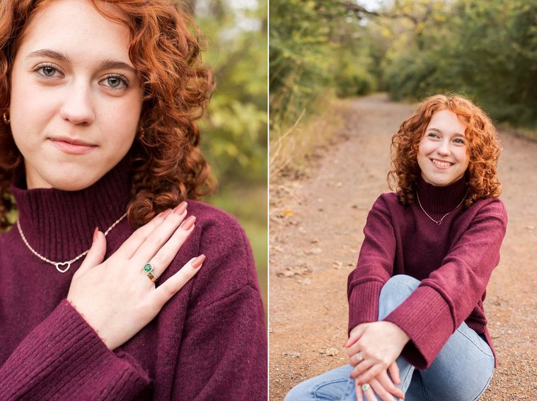 two photos of a senior girl with red hair wearing a purple sweater and jeans on a wooded path with fall trees behind her at Sutton Park in Norman, Oklahoma