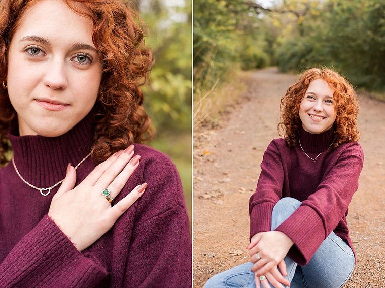 two photos of a senior girl with red hair wearing a purple sweater and jeans on a wooded path with fall trees behind her at Sutton Park in Norman, Oklahoma
