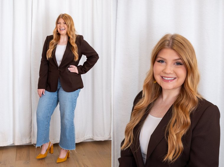 one headshot of a young woman business owner with long blond hair, another full body lifestyle branding image of her with hand on hip laughing