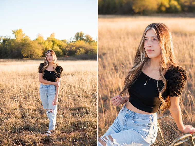 two images of a senior girl with long brown hair wearing a black top and jeans stands in tall grass with trees behind her, smiling. Also sitting on a stool looking off holding ends of her hair in a country field in the fall near Oklahoma City