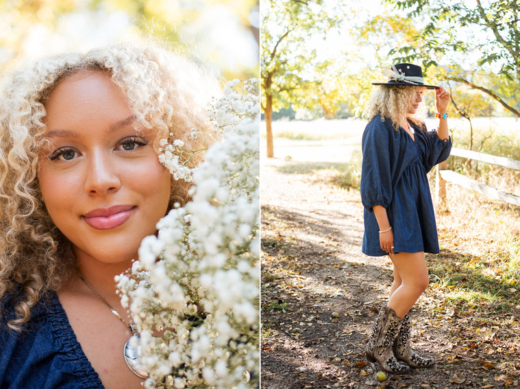 close up portrait of a high school senior girl with blonde curly hair and blue eyes holding a bouquet of baby's breath and smiling softly and vertical shot of her wearing blue dress and western hat at Martin Nature Park in Oklahoma City