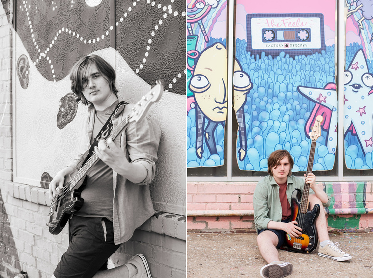 two photos of a senior boy wearing a button down shirt and blue shorts holding his bass guitar in front of a colorful wall mural in midtown Oklahoma City