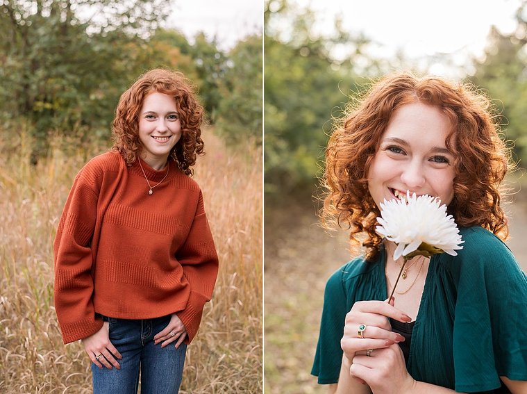 two photos of a senior girl with red hair  standing in a field and another holding a white flower up to her face smiling at Sutton Park in Norman, Oklahoma