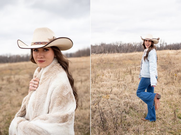 two casual lifestyle headshot images of a young woman business owner wearing western attire taken in an open field at a graphic design team branding session in OKC